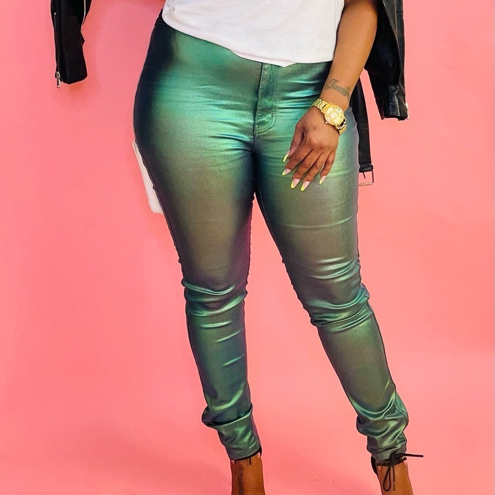 NEW TRENDY GREEN METALLIC PANTS